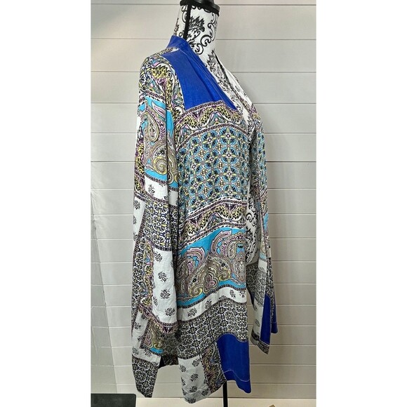 CHICO'S Patchwork Graphic Linen Duster Jacket Kimono 12/14 Womens Artsy Boho - Picture 6 of 16